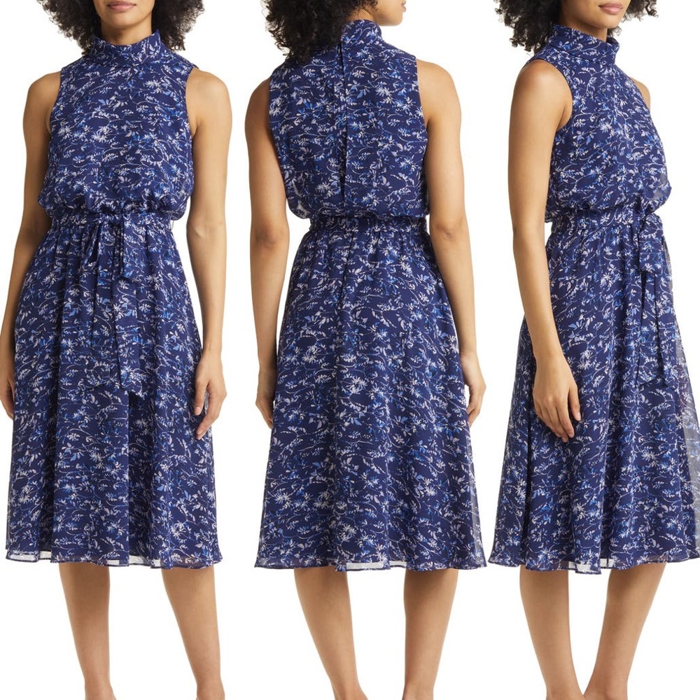 Floral Print Tie Waist Chiffon Midi Dress